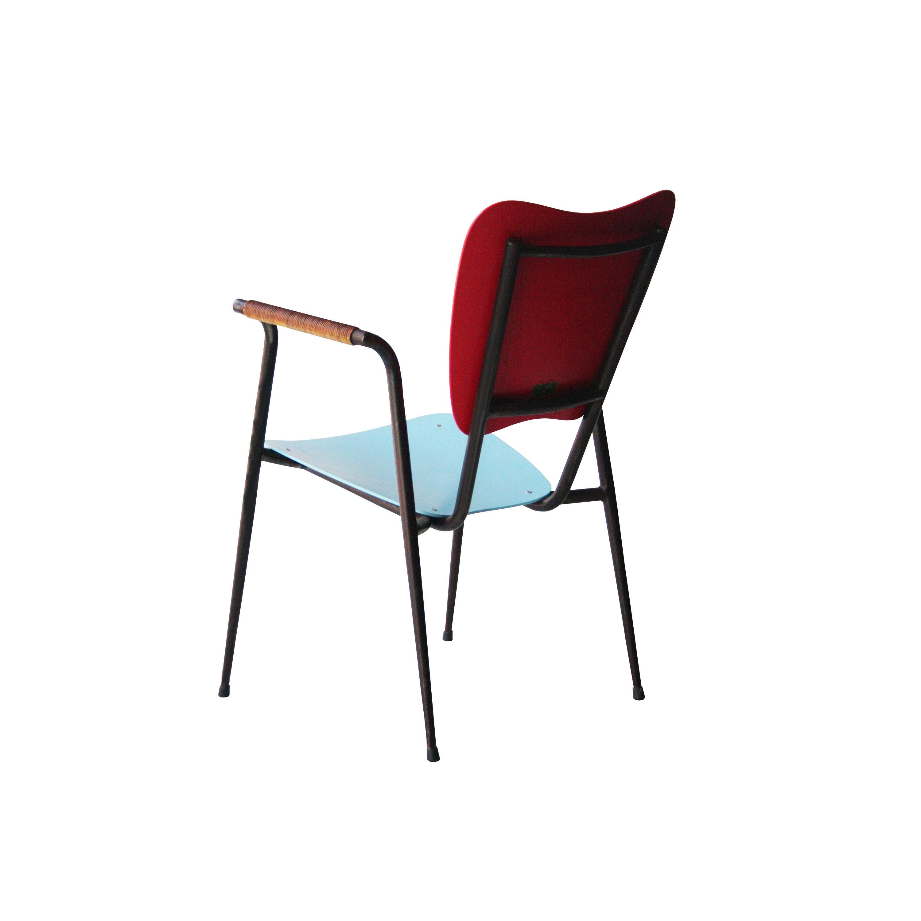 Mid-Century Modern Doro Cundo Black Red Blue Natural Fiber Metal Wood Italian Chairs, 1980