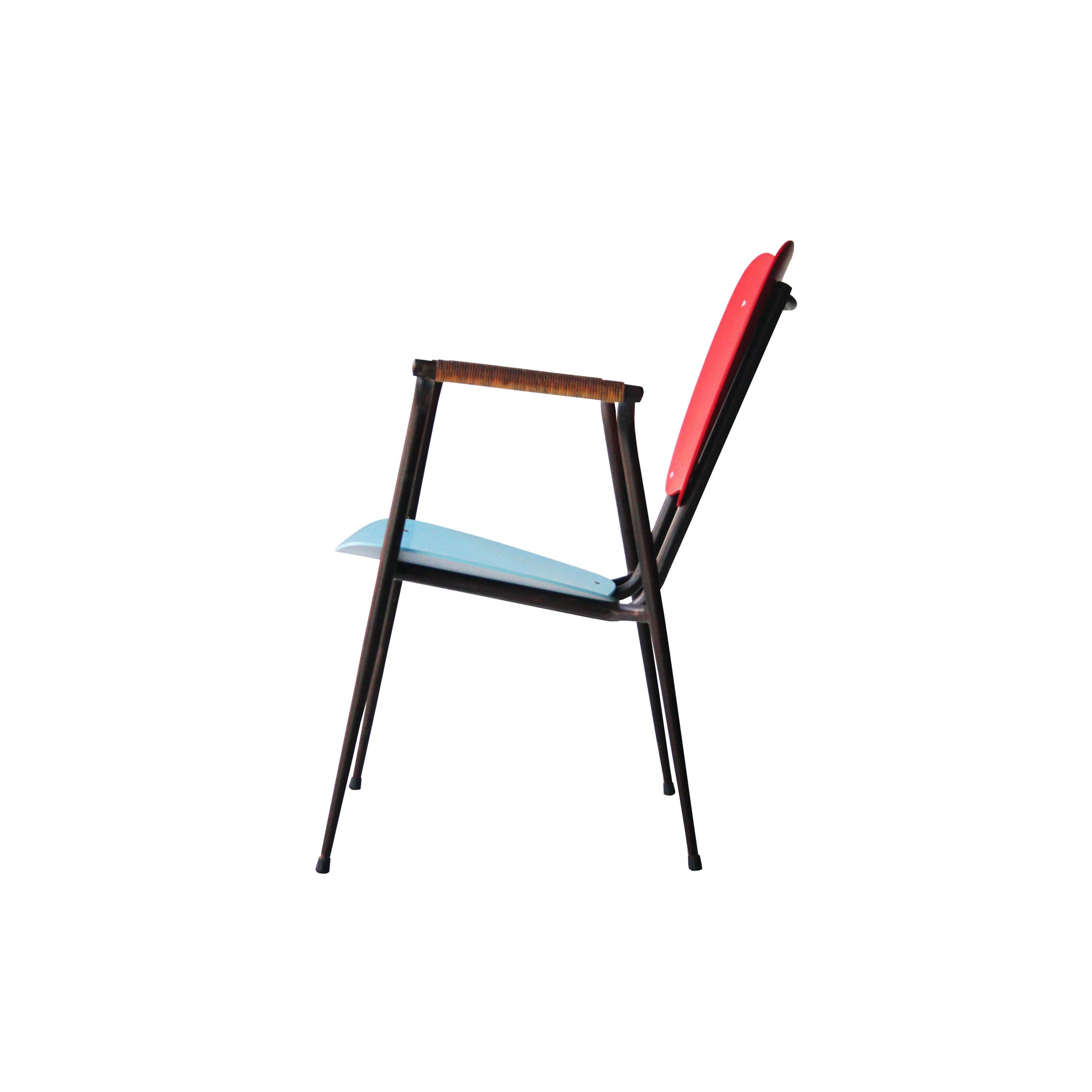 Late 20th Century Doro Cundo Black Red Blue Natural Fiber Metal Wood Italian Chairs, 1980