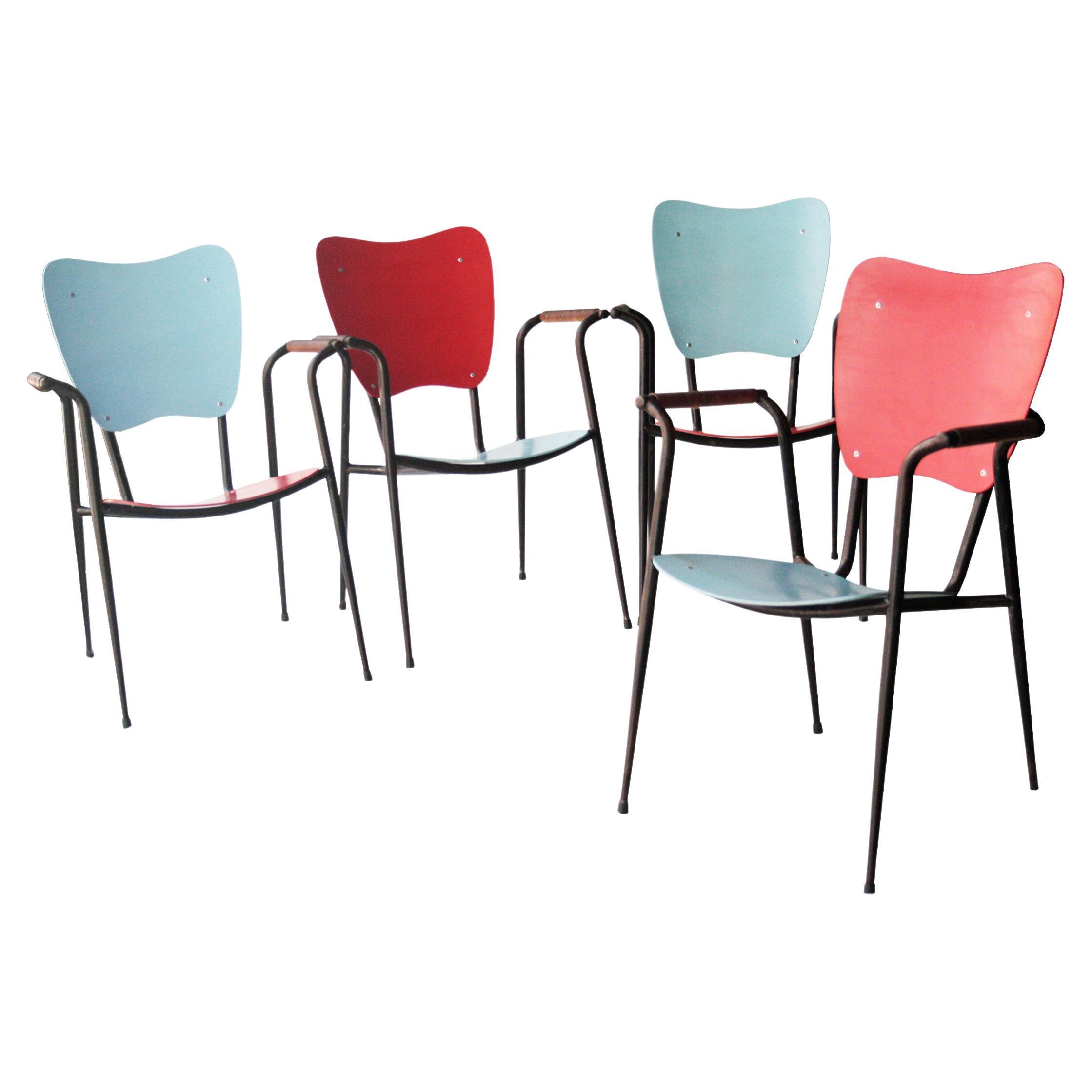 Doro Cundo Schwarz-Rot-Blau-Naturfaser-Metallholz-Stühle, 1980
