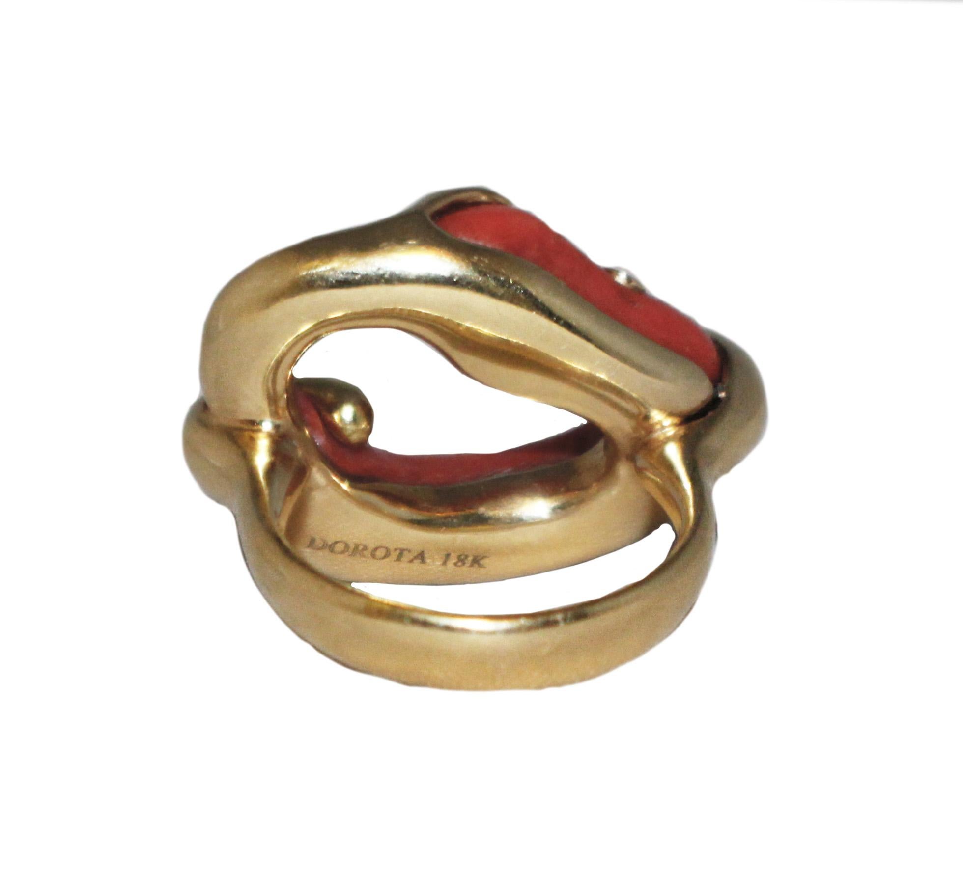 Women's Dorota 18 Karat Artisan Hand Fabricated Coral and Diamond Ring For Sale