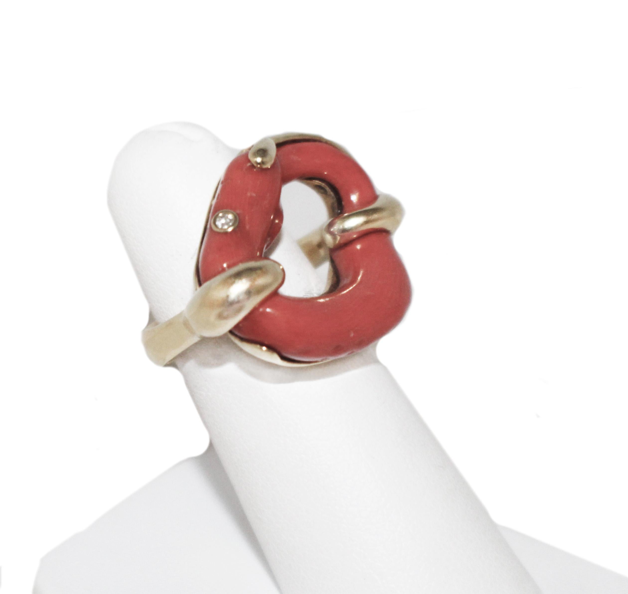 Dorota 18 Karat Artisan Hand Fabricated Coral and Diamond Ring For Sale 1