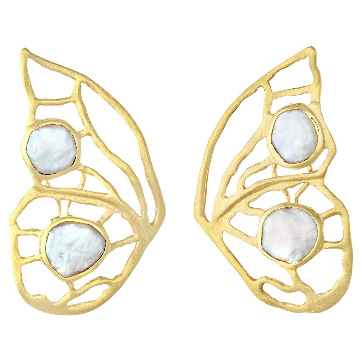 Dorota 18k Yellow Gold Pearl Butterfly Clip Earrings