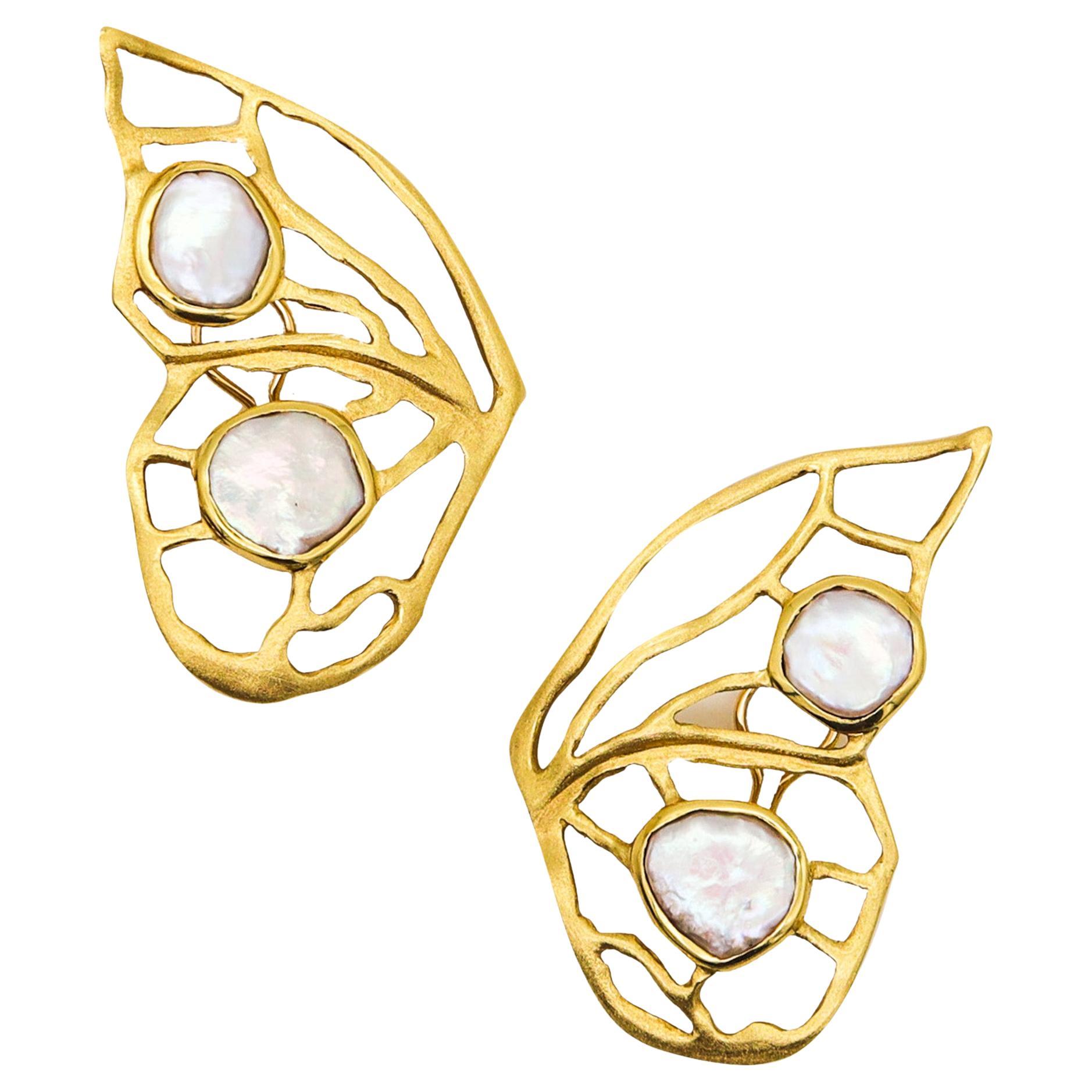 Dorota Butterfly Clips-On Earrings In Solid 18Kt Yellow Gold With Pearls For Sale