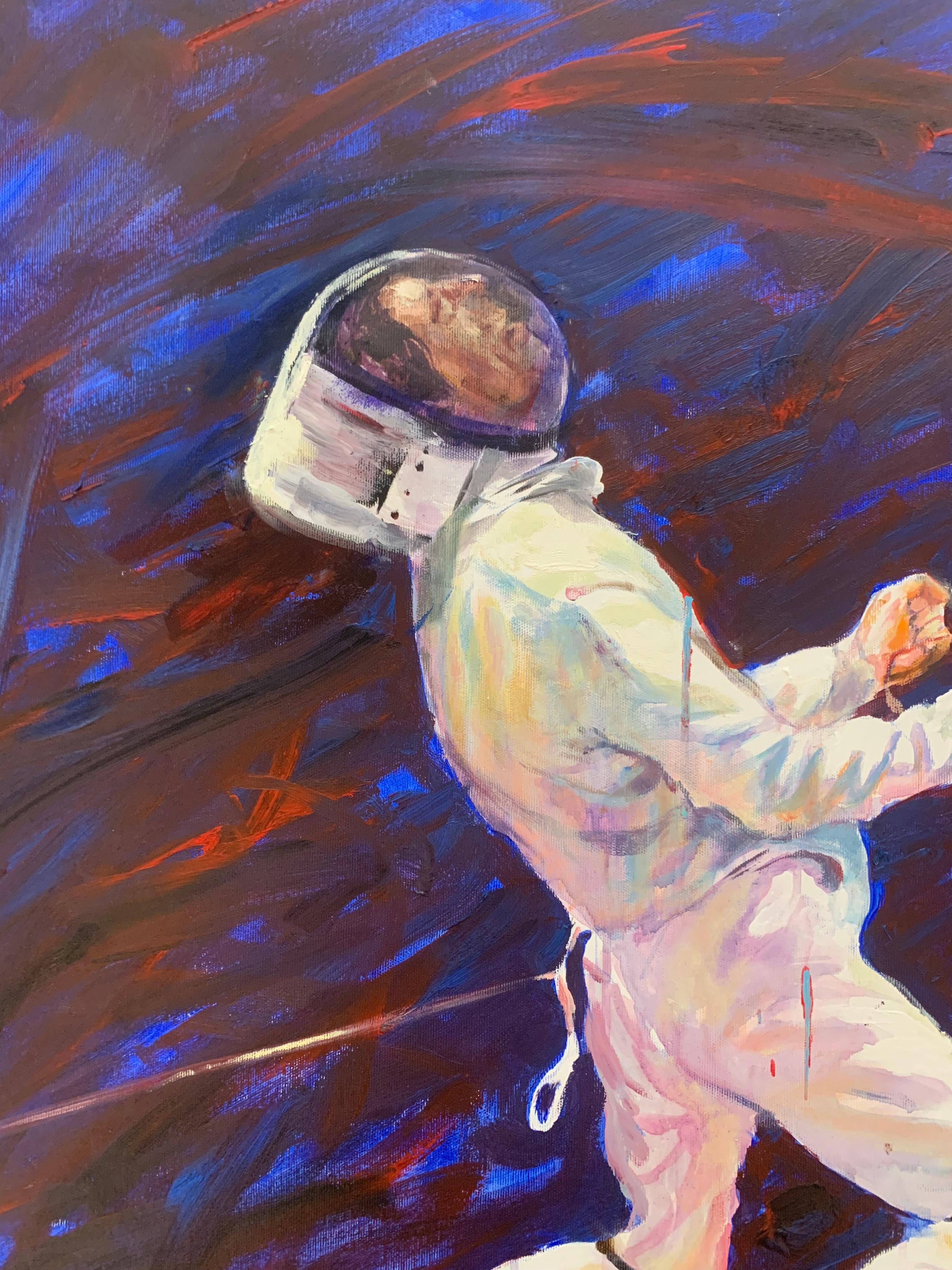 Fencers. Figurative Oil Painting, Olympic Games, Sport, Realistic, Polish artist - Black Figurative Painting by Dorota Zych-Charaziak