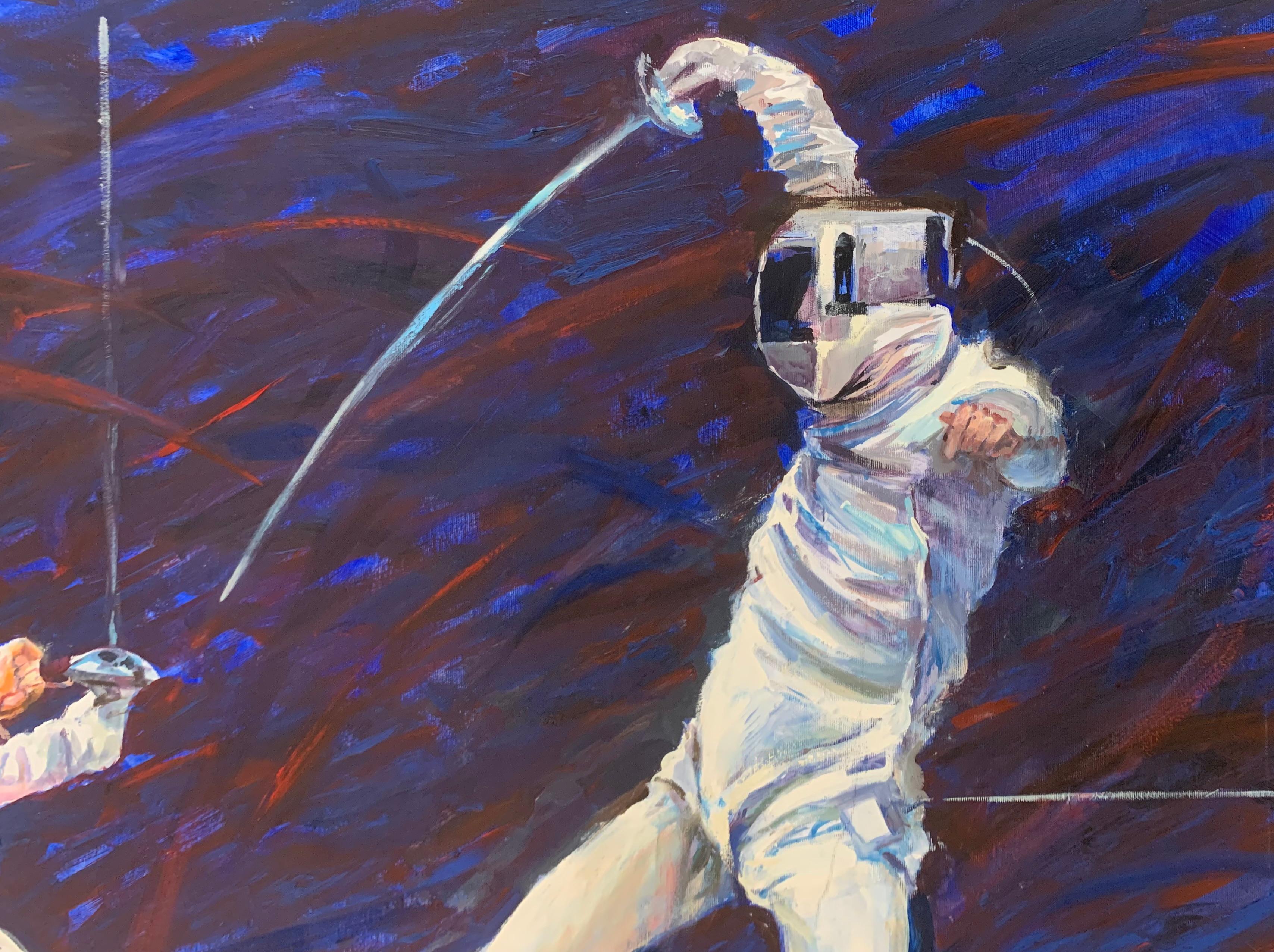 The painting shows sword fighting, which is one of the official sports of the Olympic Games. The fencing fights have a spectacular character, perfectly captured in the painting by Dorota Zych Charaziak. 

This dynamic painting thrusts the viewer