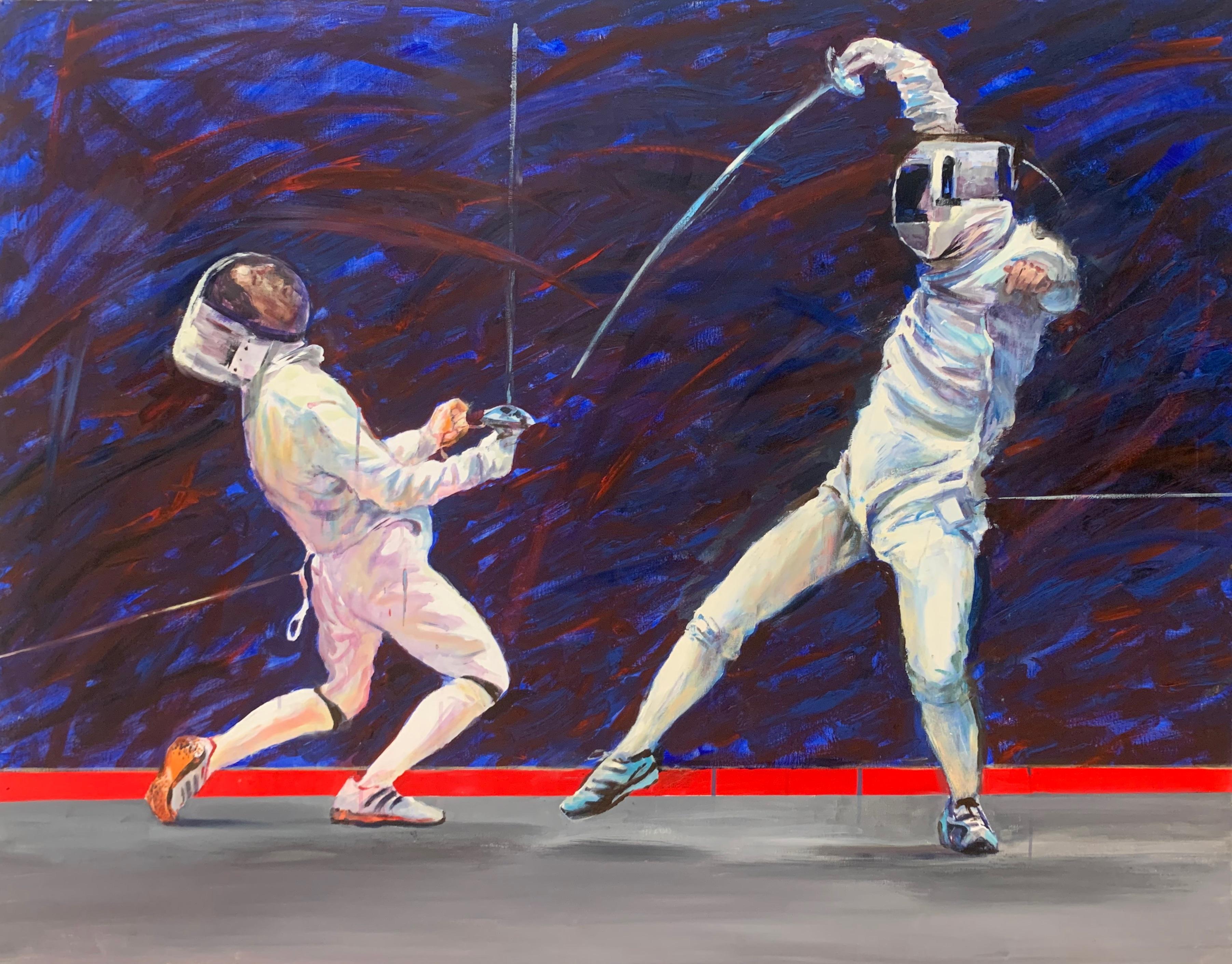 Dorota Zych-Charaziak Figurative Painting - Fencers. Figurative Oil Painting, Olympic Games, Sport, Realistic, Polish artist