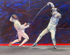 Escrimeurs. Peinture à l'huile figurative, Jeux olympiques, Sport, réaliste, artiste polonais