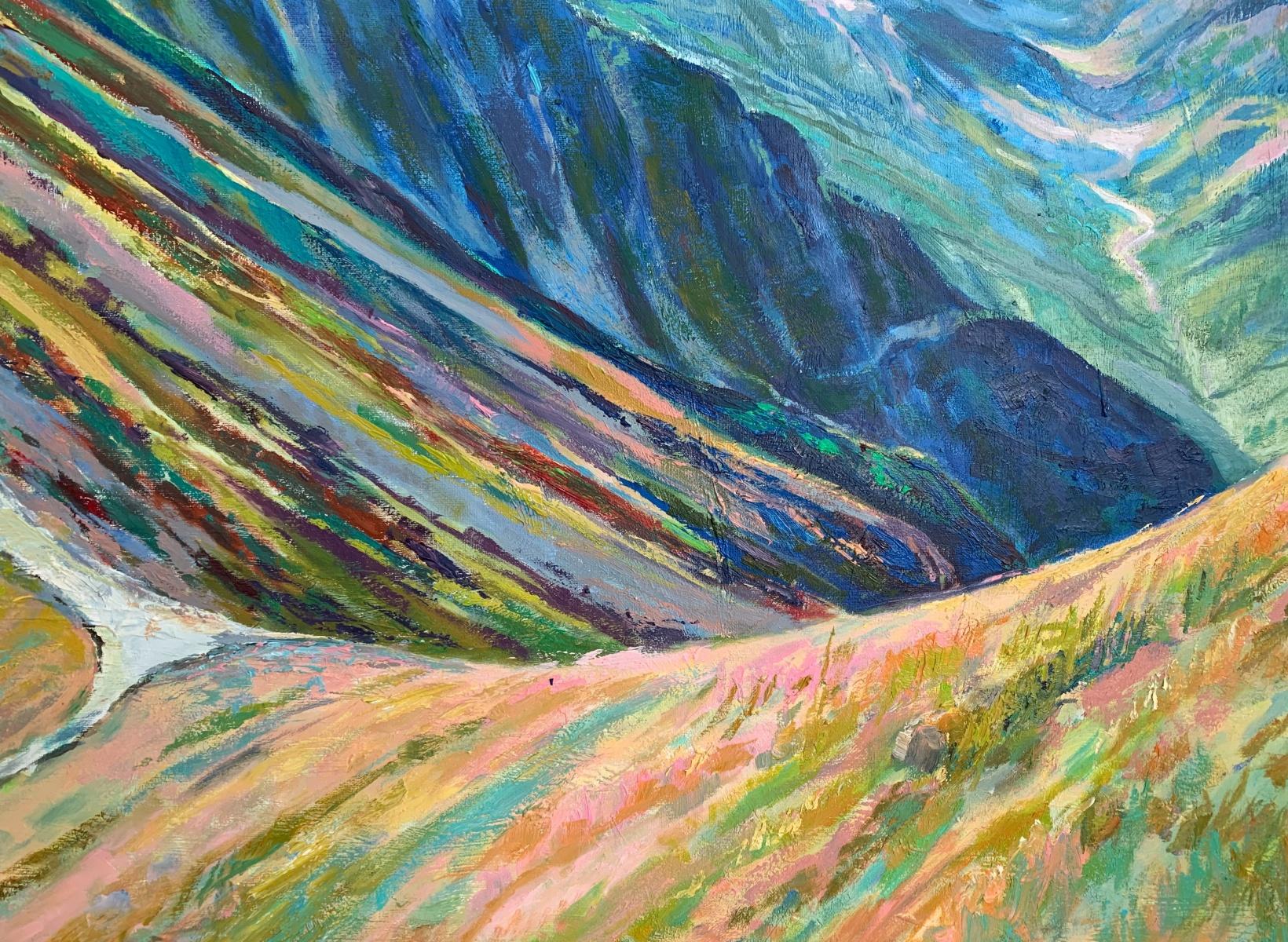 Liliowe Pass - Figurative Oil Painting, Landscape, Mountains, Colorful - Gray Figurative Painting by Dorota Zych-Charaziak