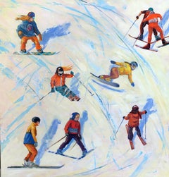 Slalom - Peinture à l'huile figurative, dynamisme, sport, art polonais