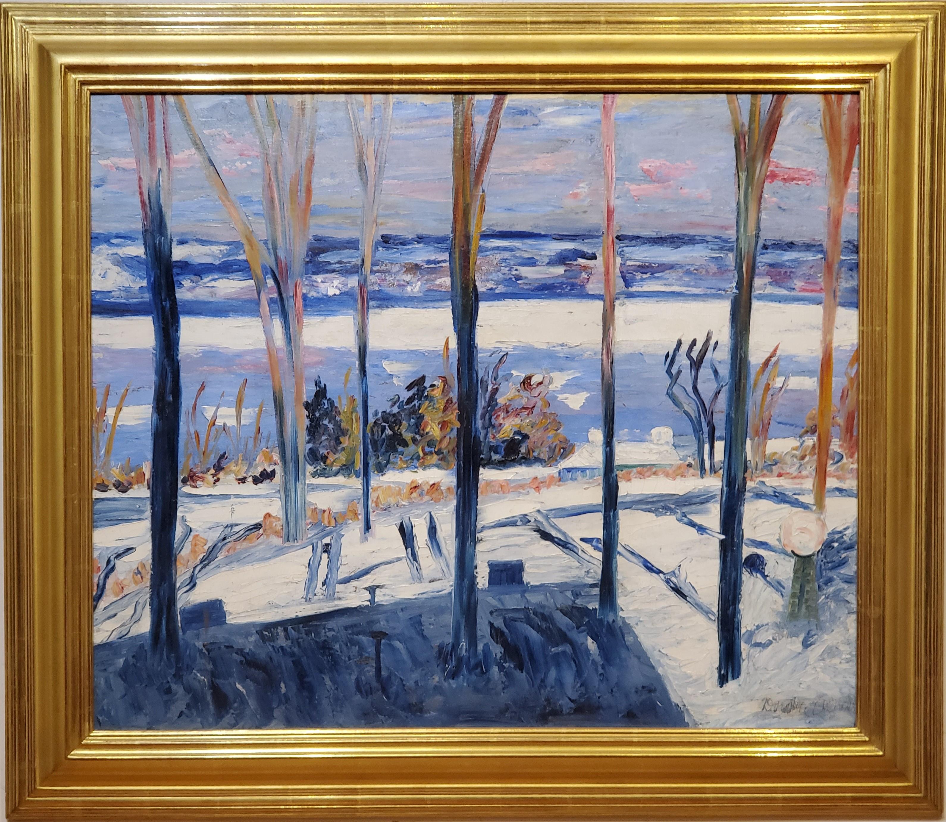 Winter Landscape an Oil Painting signed by Dorothea Litzinger. 

This antique landscape painting measures 28.5" tall by 34" wide and is oil on canvas laid down on a rigid support. 

In the frame this landscape painting measures 41" wide by 35.5"