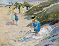 On the Beach - Impressionist Figures in Landscape Oil Painting by Dorothea Sharp