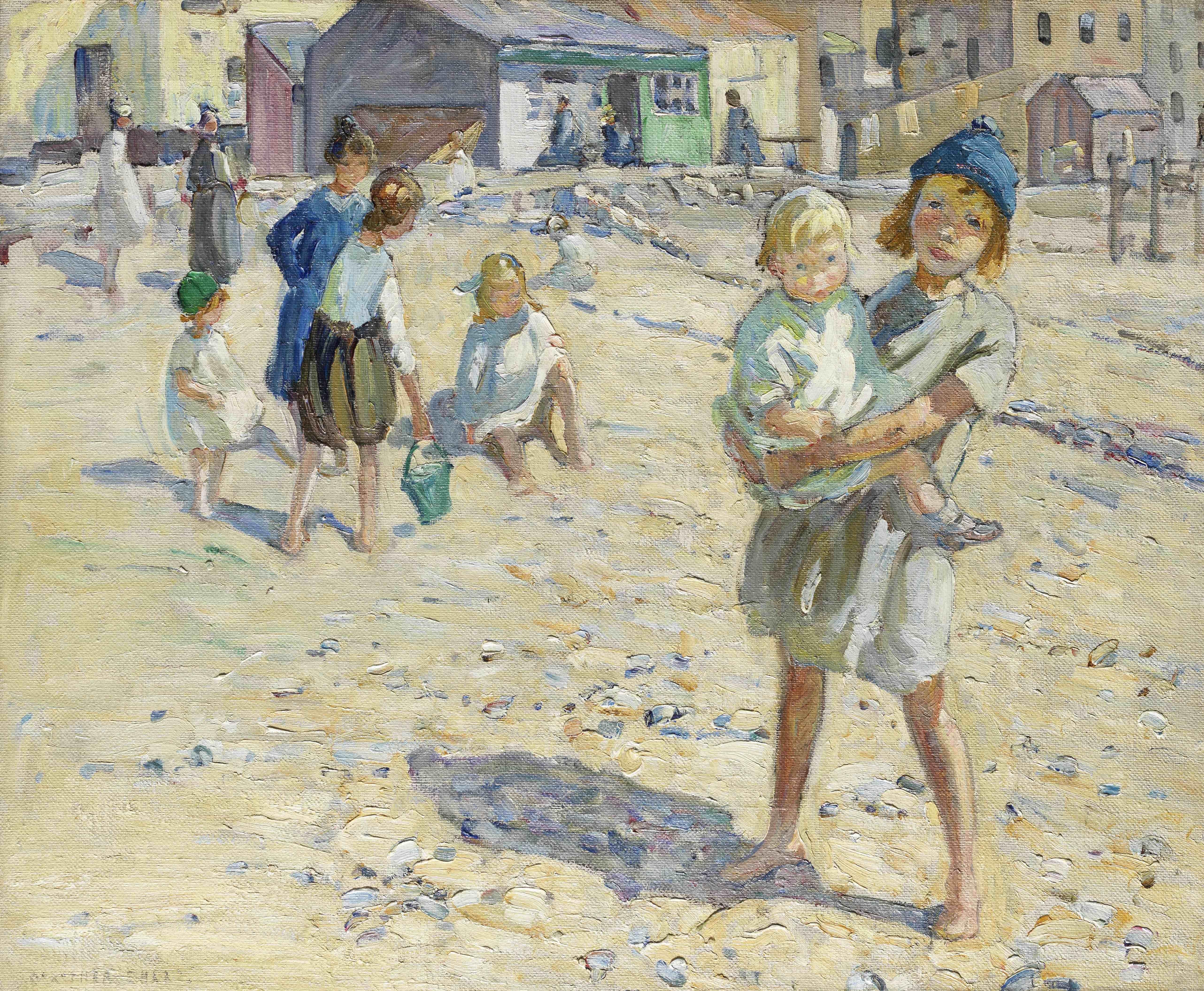Dorothea Sharp Figurative Painting - Summer Time - Children Playing on a Beach 