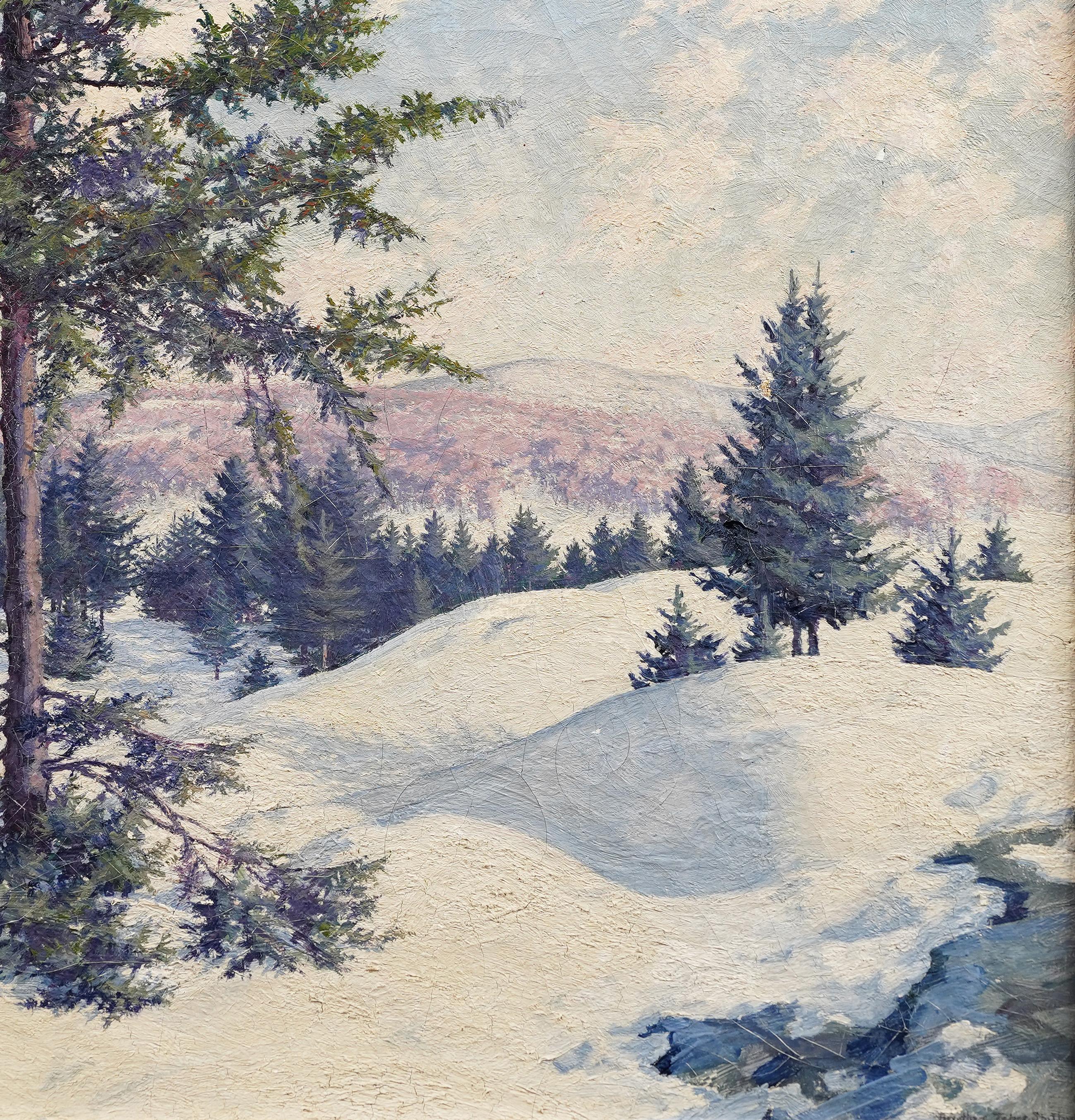 Early American Impressionist Winter Vermont Landscape Framed Signed Oil Painting For Sale 1