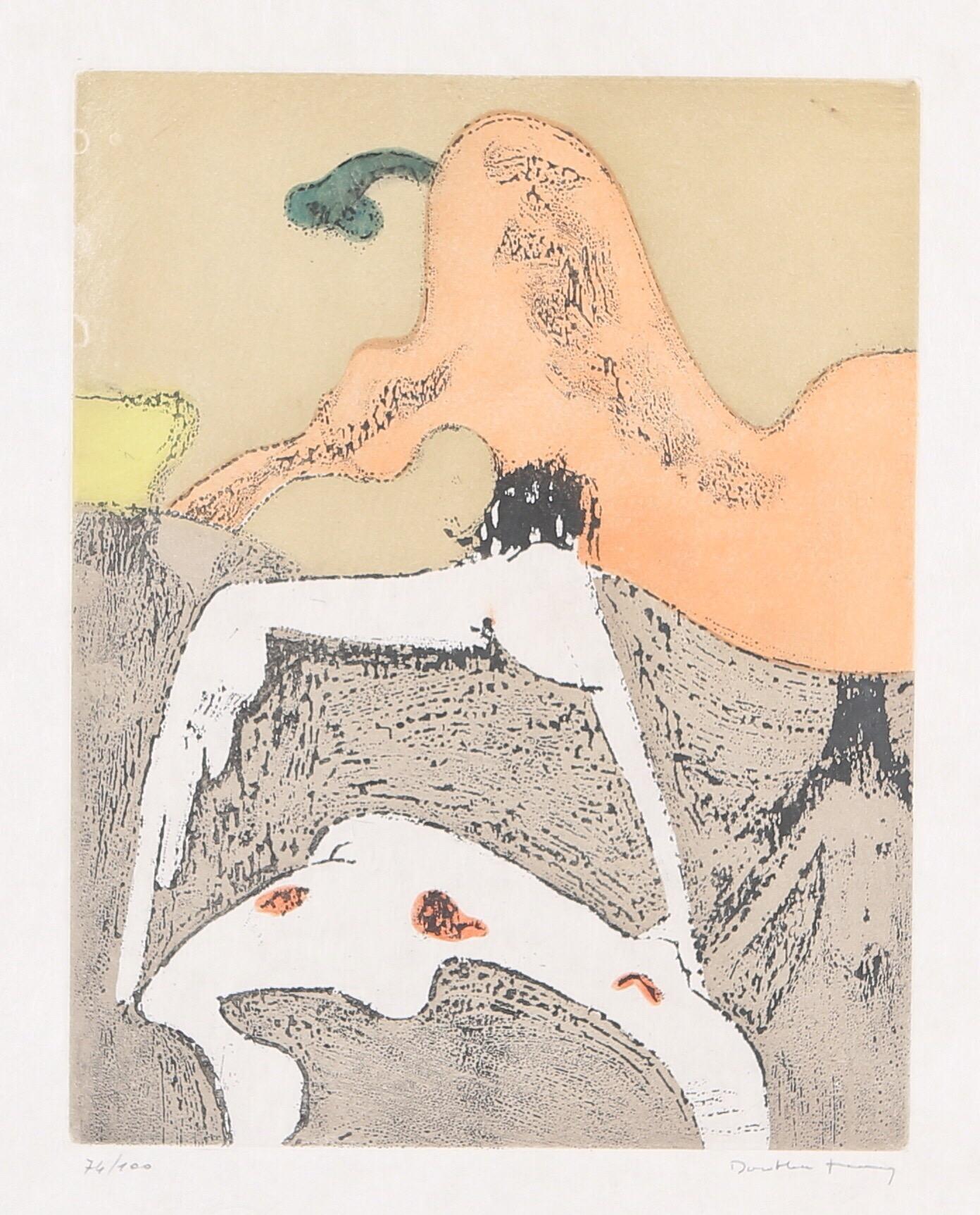 Aquatint and sugar-lift dating to 1973.
Edition 74/100 signed in pencil.
One of ten etchings accompanied by ten short poems for the artist's book En chair et en or (In flesh and gold). Éditions Georges Visat, Paris
She was the married to Max