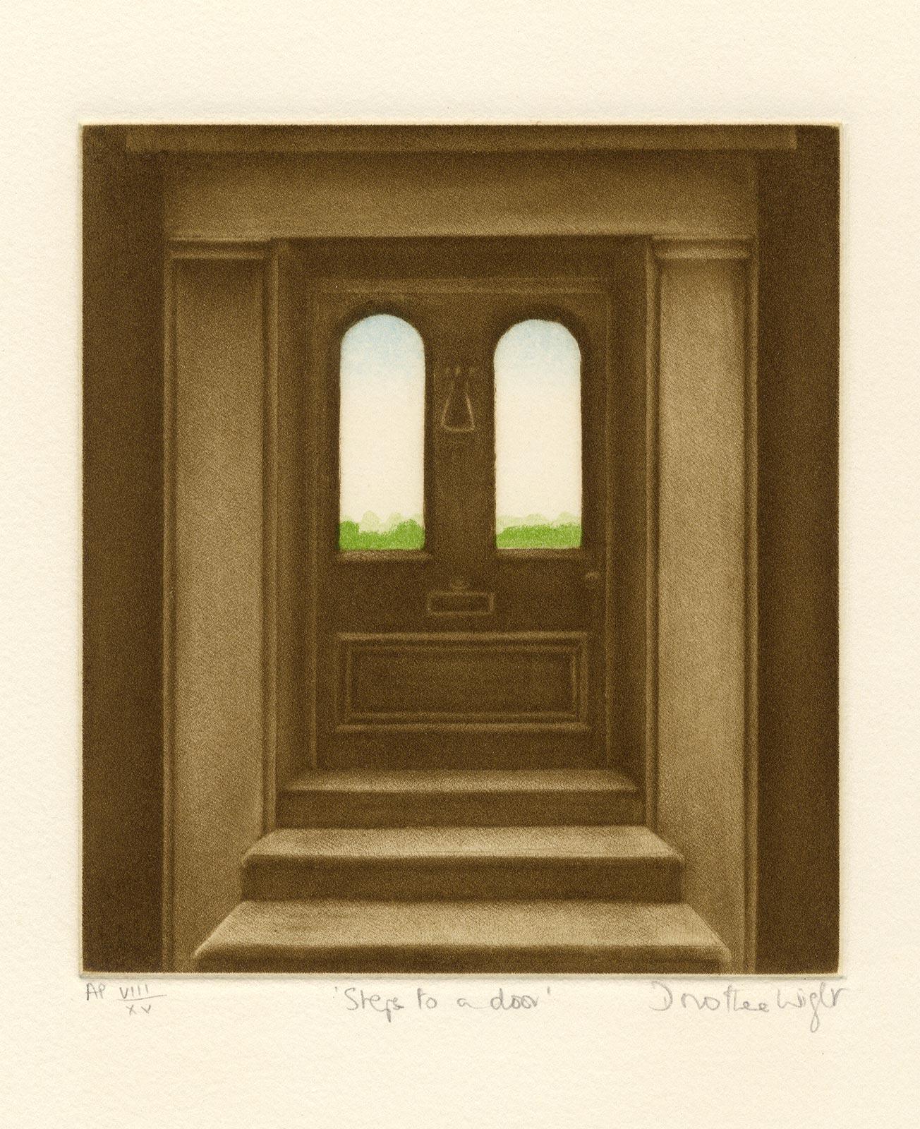 Steps to a Door (landscape seen through door windows) - Brown Landscape Print by Dorothea Wight