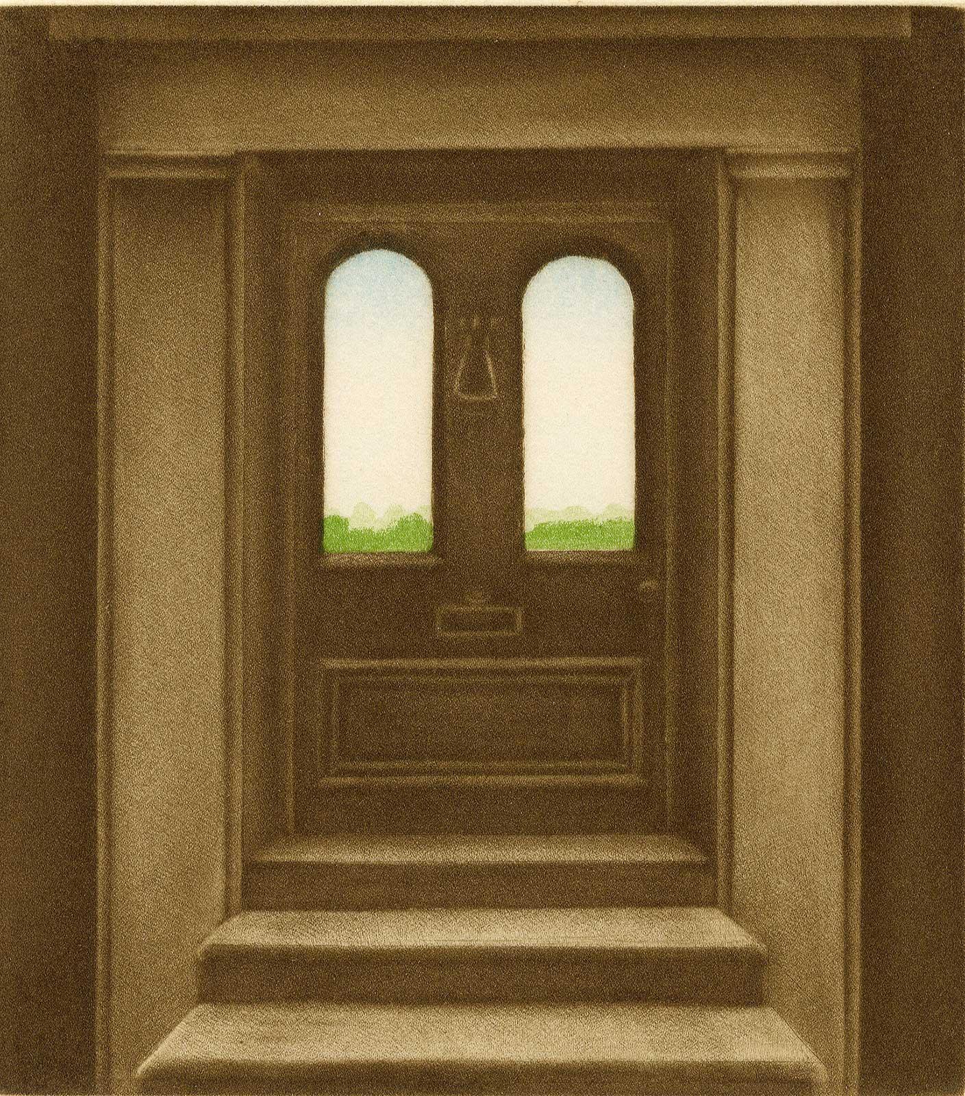 Dorothea Wight Landscape Print - Steps to a Door (landscape seen through door windows)