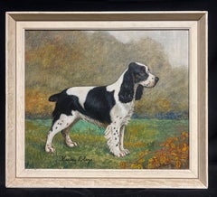 Peinture à l'huile du milieu du 20e siècle représentant un chien cocker noir et blanc