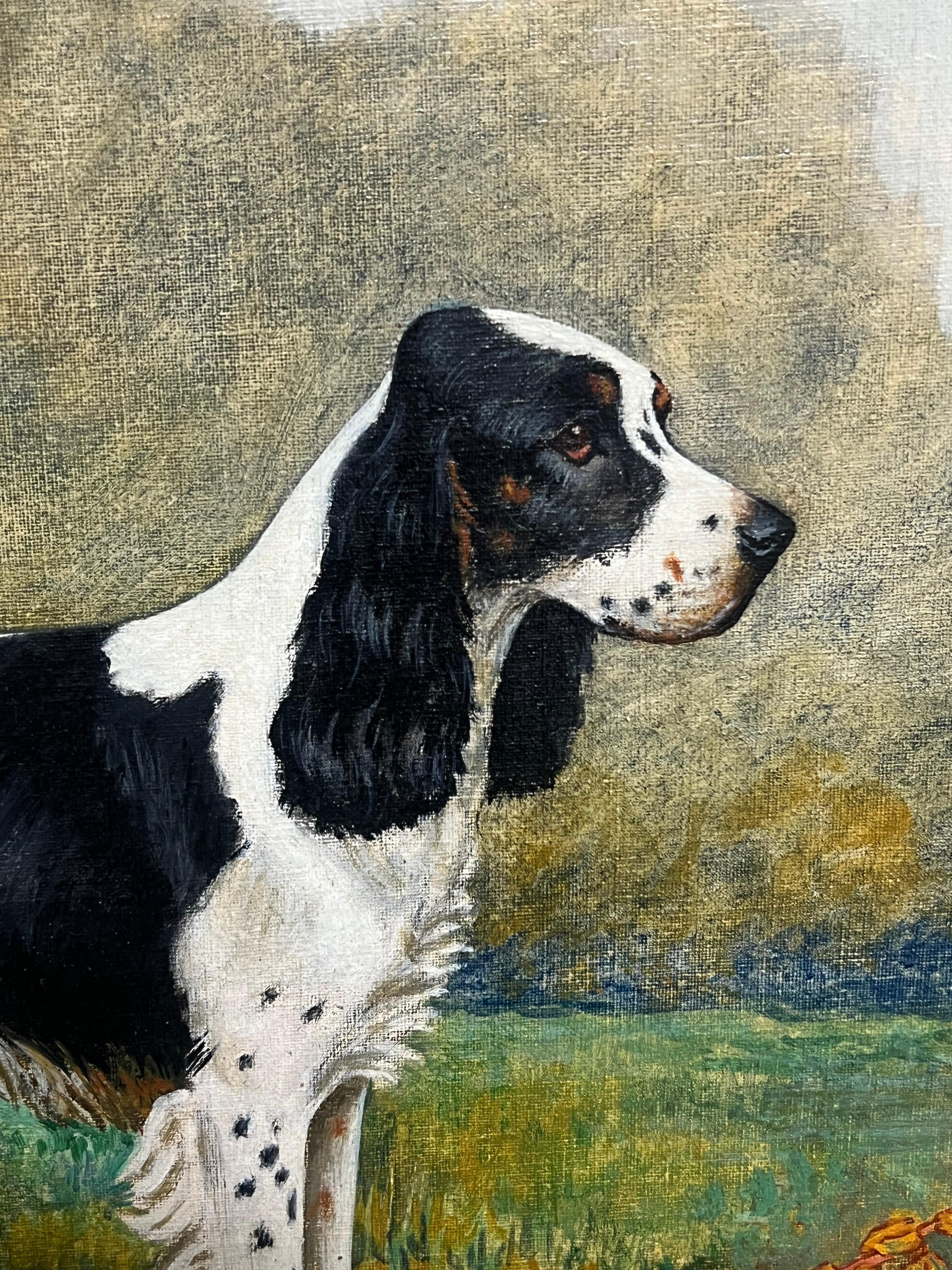 English Mid 20th Century Oil Painting of Black & White Cocker Spaniel Dog 1