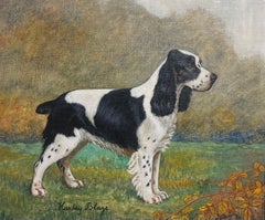 English Mid 20th Century Oil Painting of Black & White Cocker Spaniel Dog