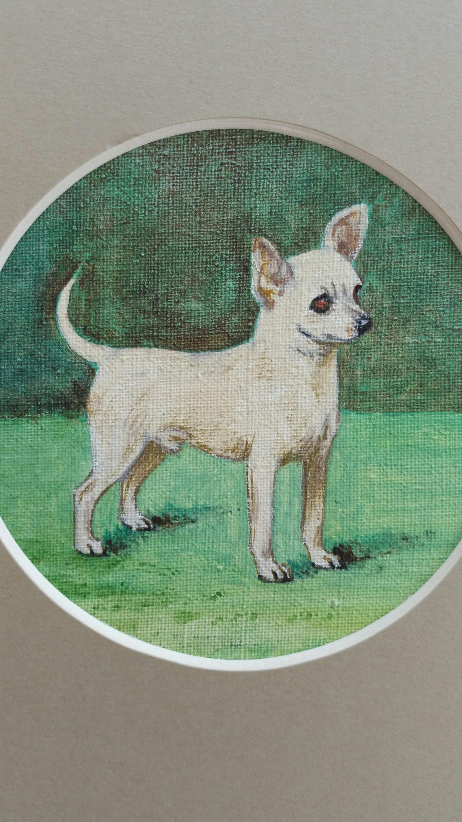 English School Mid 20th Century Oil Painting Chihuahua Dog Painting - Gris Animal Painting par Dorothy Alexandra Johnson