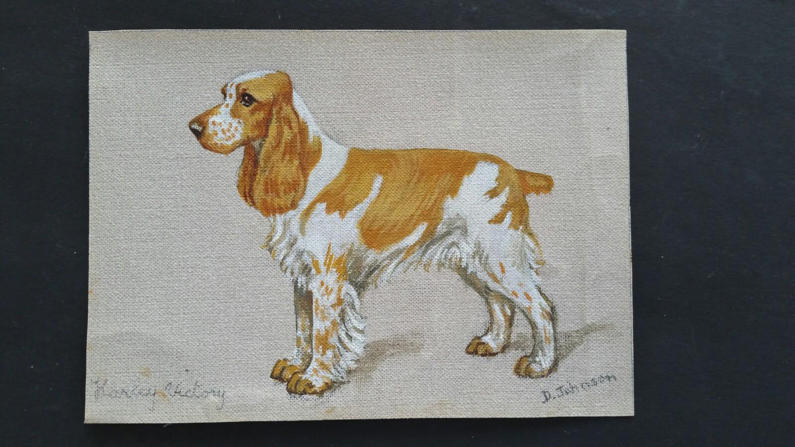 Cocker Spaniel: Harley Victory
by Dorothy Alexandra Johnson (1902-1988)
signed lower right
oil painting on canvas, unstretched

5.0 x 7.0 inches

A delightful painting by the highly regarded English dog artist Dorothy Alexandra Johnson. Featuring a