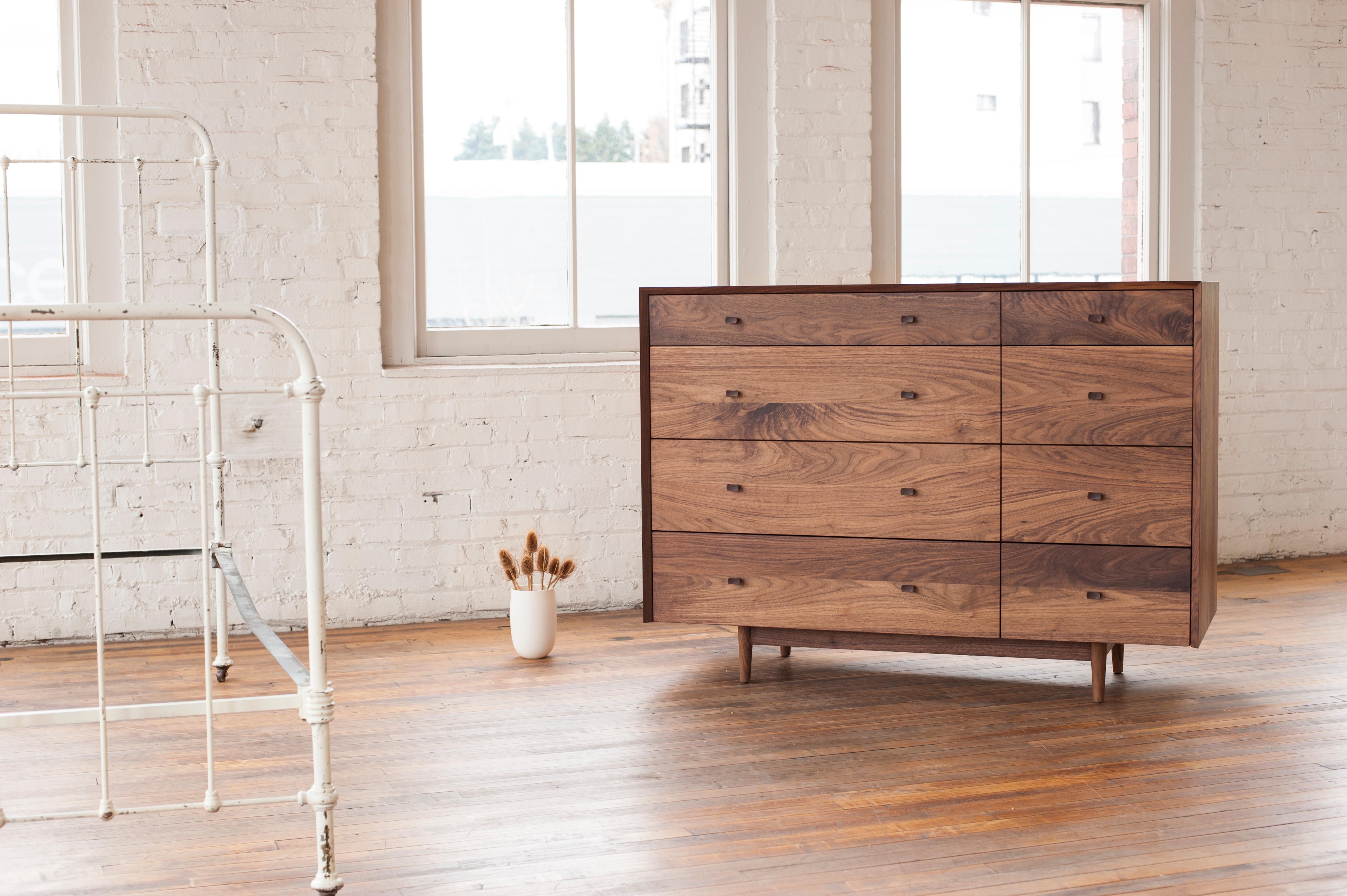 Dorothy Bureau, Modern Walnut Chest of Drawers with Turned Legs and Shaped Pulls For Sale 2