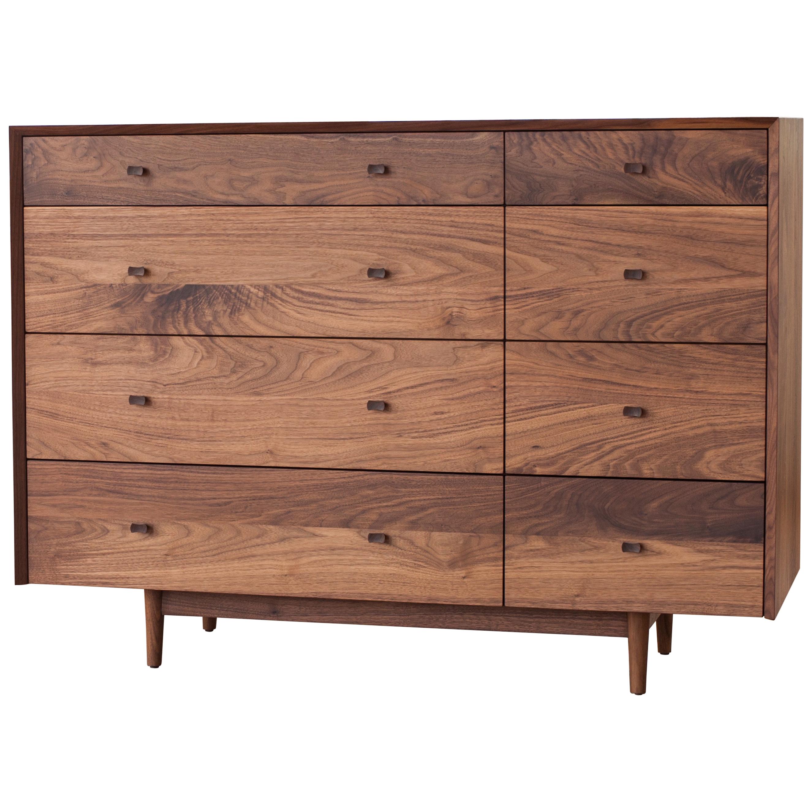 Dorothy Bureau, Modern Walnut Chest of Drawers with Turned Legs and Shaped Pulls For Sale