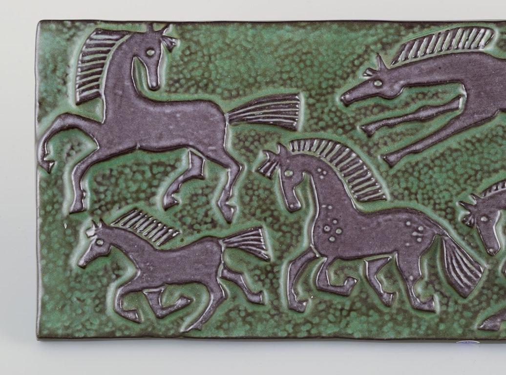 Scandinavian Modern Dorothy Clough for Upsala-Ekeby. Wall relief in ceramic with motif of horses For Sale