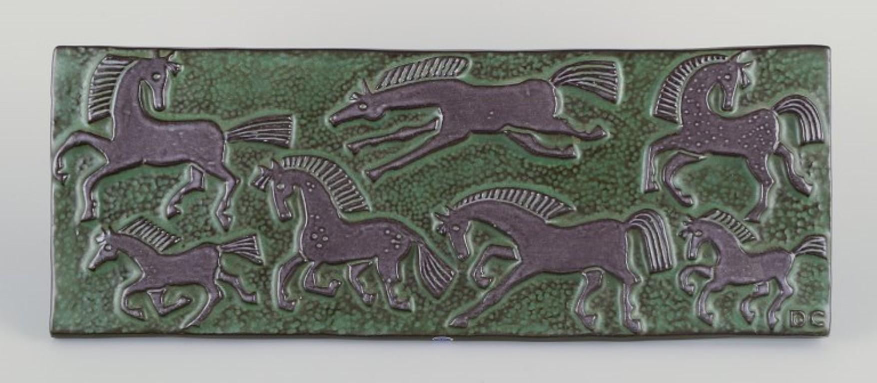Glazed Dorothy Clough for Upsala-Ekeby. Wall relief in ceramic with motif of horses For Sale