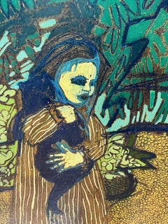 (Untitled) Little Girl Cradling Her Black Cat, in Greens and Chestnut