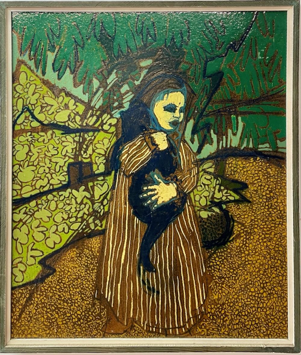 Figurative Painting di Dorothy Cutter - (Senza titolo) Bambina che culla il suo gatto nero, in Greene & Greene