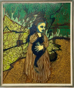(Untitled) Little Girl Cradling Her Black Cat, in Greens and Chestnut