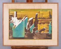 Peinture à l'huile vintage surréaliste, vert et sépia, paysage urbain, expressionnisme abstrait