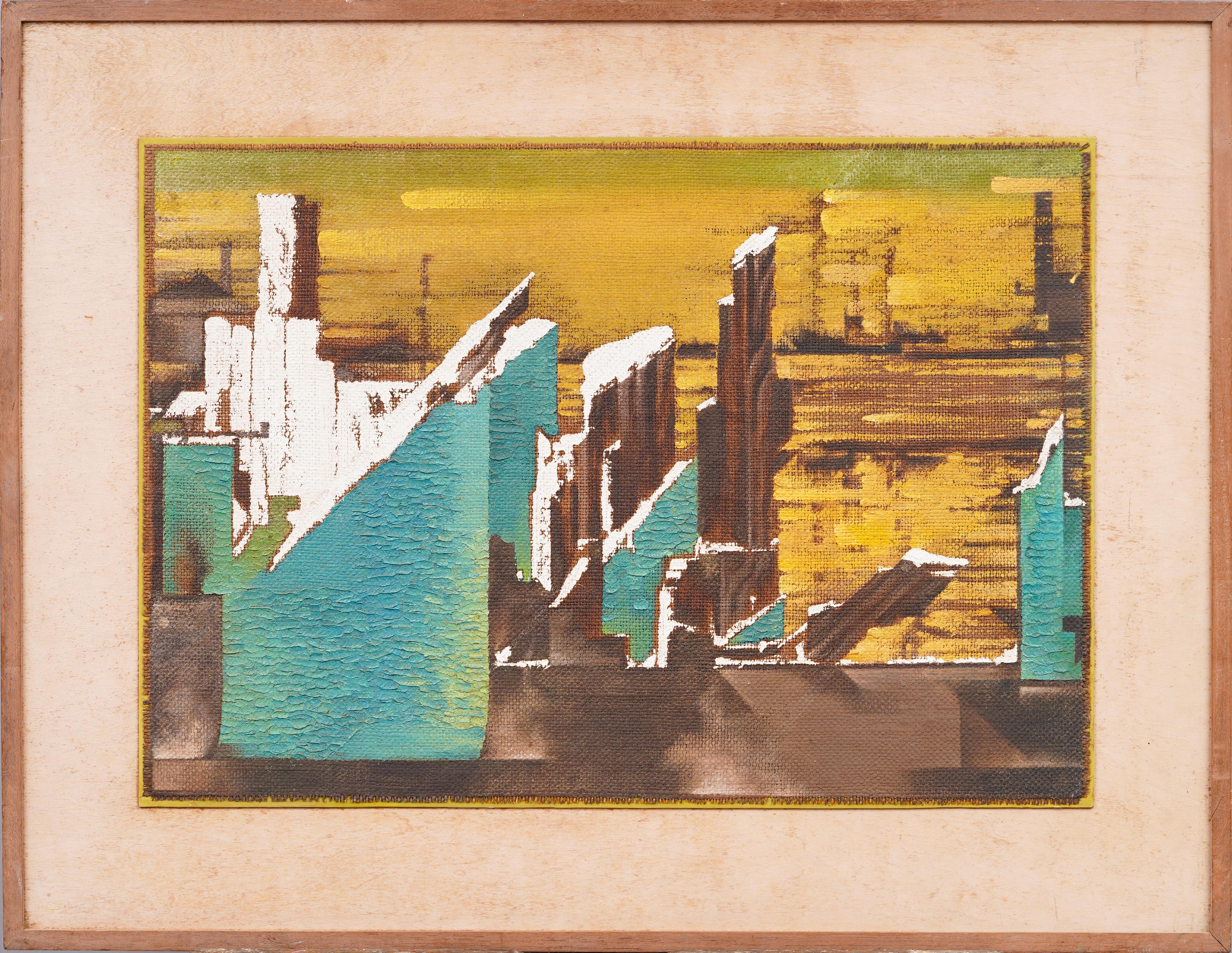 Vintage Green and Sepia Surrealist Cityscape Abstract Expressionist Oil Painting
