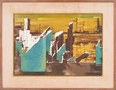 Vintage Green and Sepia Surrealist Cityscape Abstract Expressionist Oil Painting