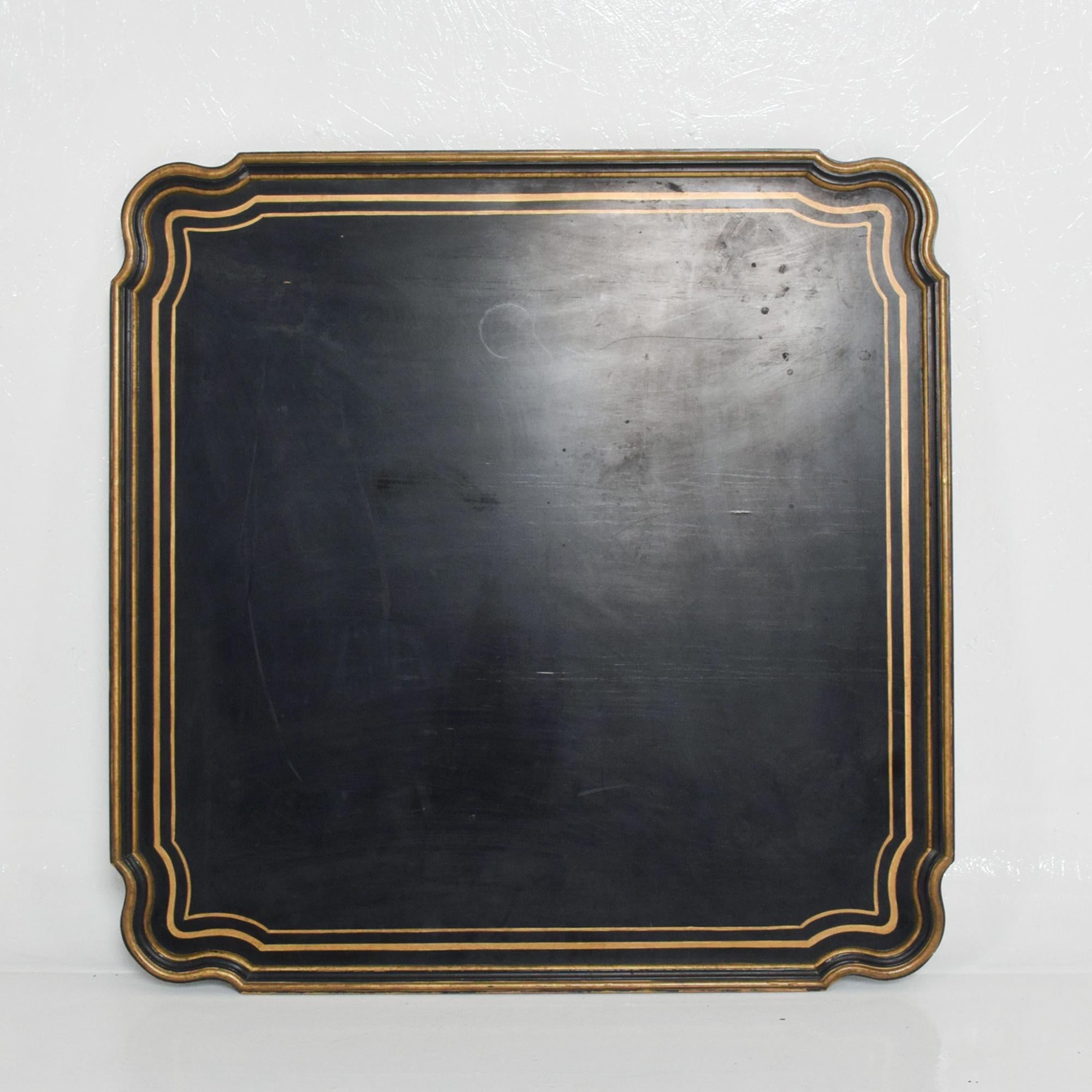 Style Dorothy Draper Hollywood Regency Painted Black Wood Coffee Tabletop Tray Gold Scallop Trim 1950s by Baker Co. 
No base included, selling tabletop portion only.
37.75 x 37.75 x 1.38 thick.
Original vintage unrestored preowned condition. 
Refer