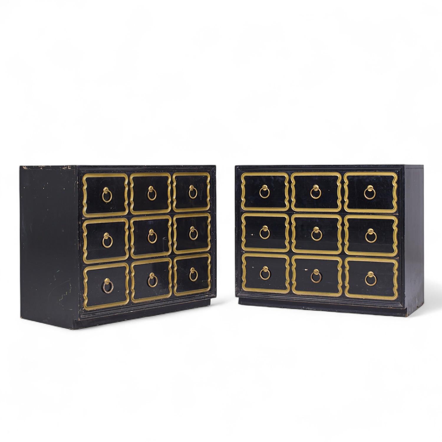 Dorothy Draper España Black and Gold Chest Dressers - Pair

Each chest measures: 38 wide x 20 deep x 31.75 high

All pieces of furniture can be had in what we call restored vintage condition. That means the piece is restored upon purchase so it’s
