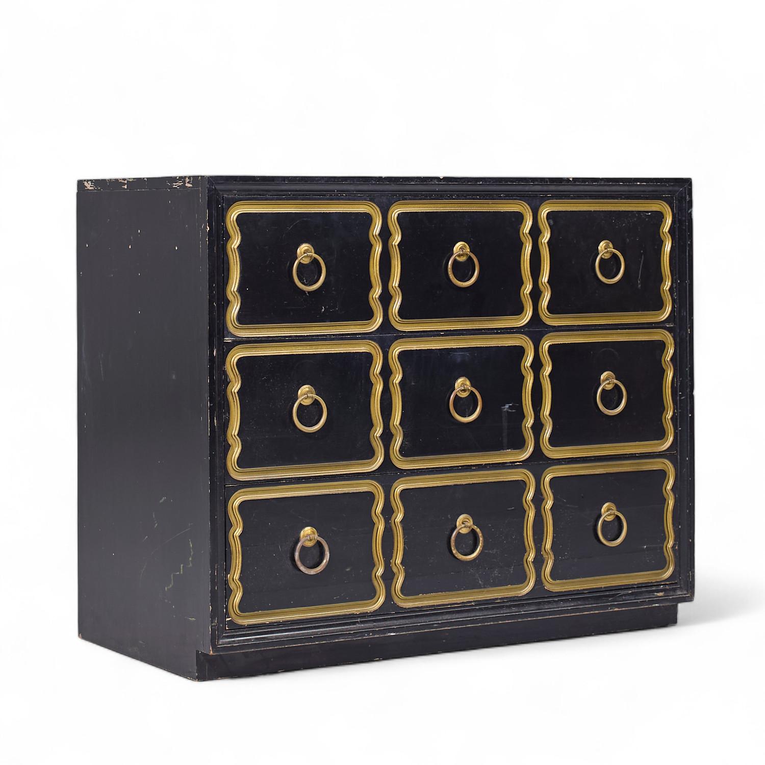 XX secolo Dorothy Draper España Black and Gold Chest Dressers - Pair in vendita