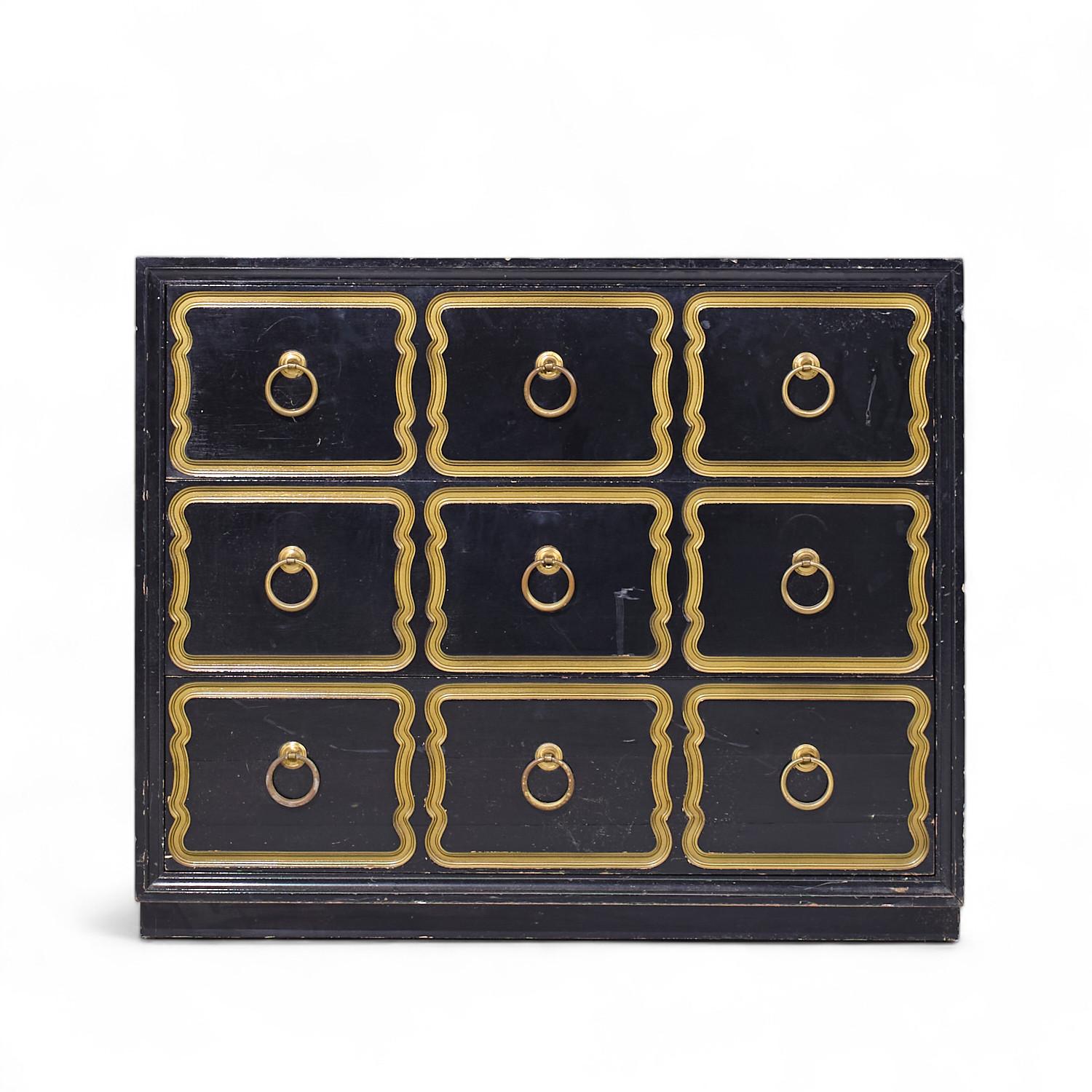 Legno Dorothy Draper España Black and Gold Chest Dressers - Pair in vendita