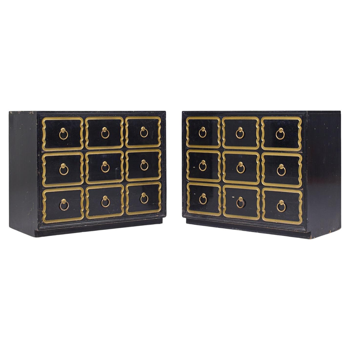 Dorothy Draper España Black and Gold Chest Dressers - Pair