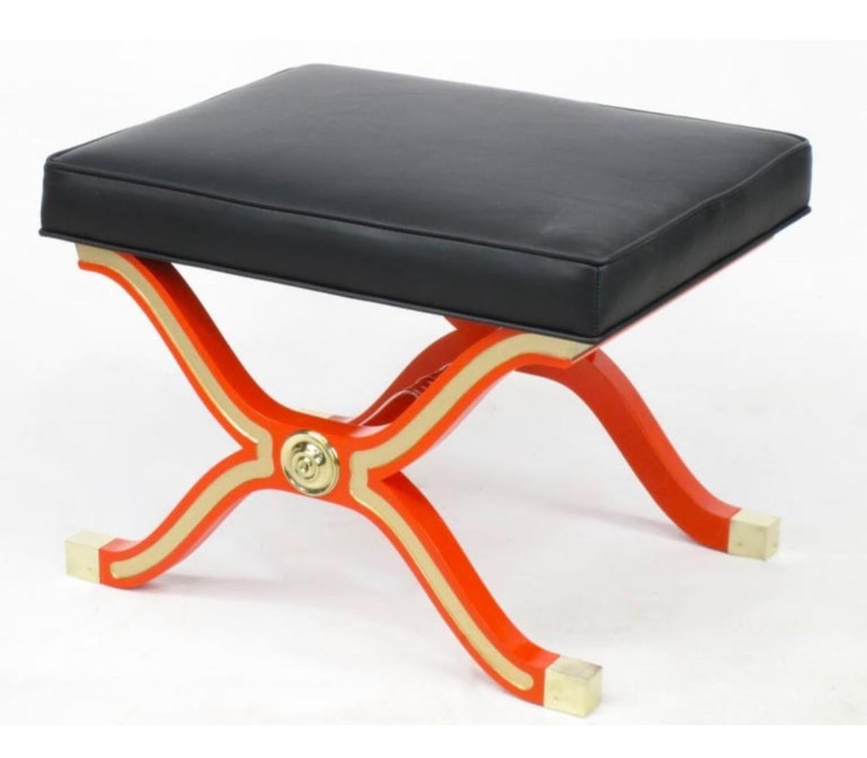 Dorothy Draper Espana Collection bench. This ottoman/bench first appeared in 1955 as part of Draper's Espana Collection from Heritage /Henredon. They have been restored with fresh persimmon lacquer, parcel gilt inlay, polished brass and a new