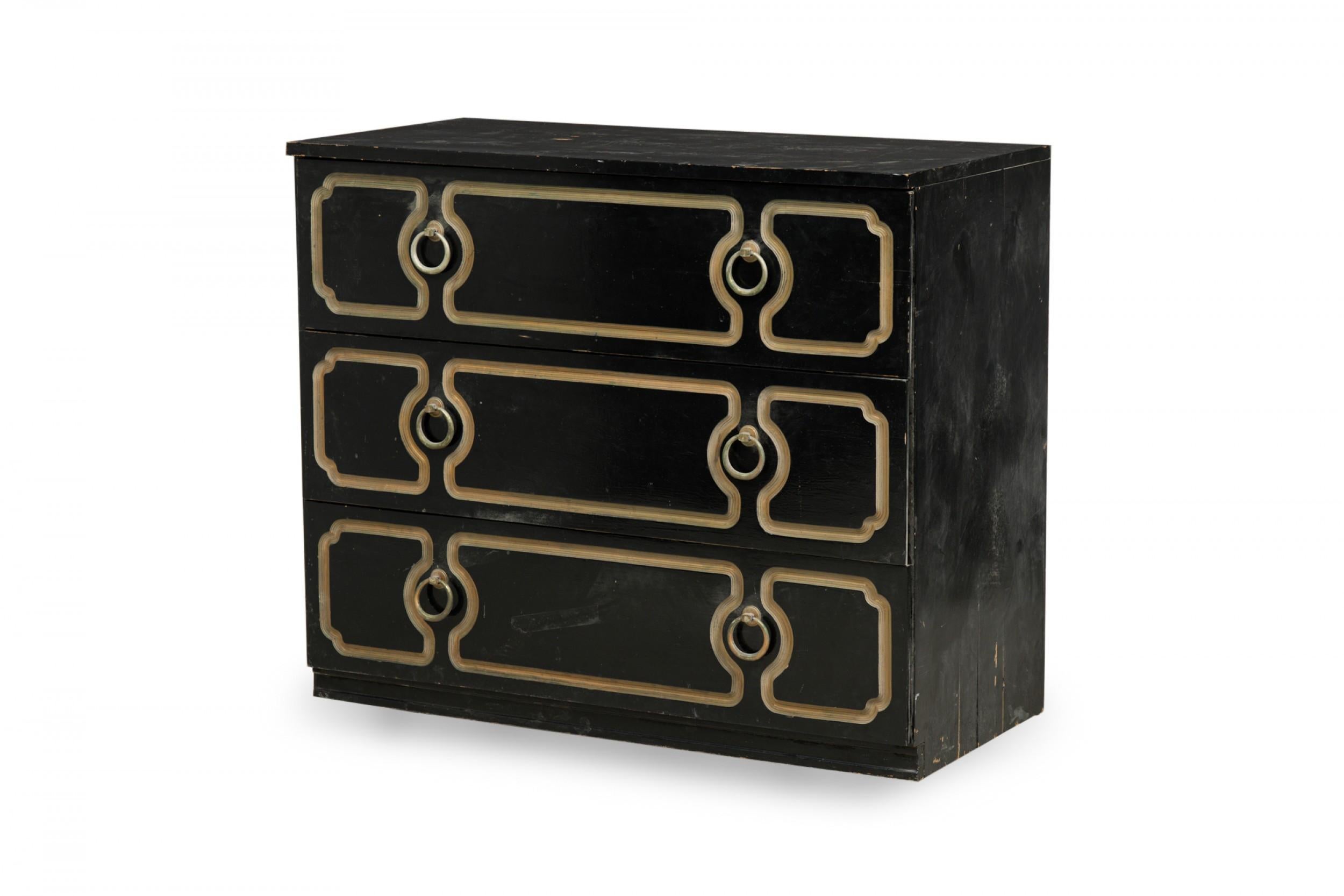 Dorothy Draper Mid-Century Amerikanische Kommode mit 3 Schubladen, Schwarz und Gold bemalt, Mid-Century 1
