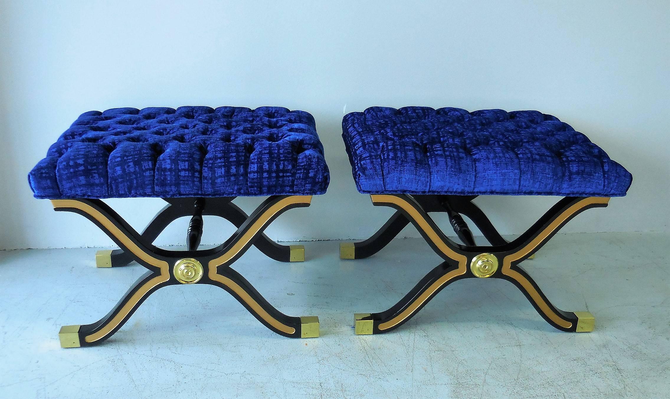 A pair of Dorothy Draper stools. Black lacquer wood the brass accents.