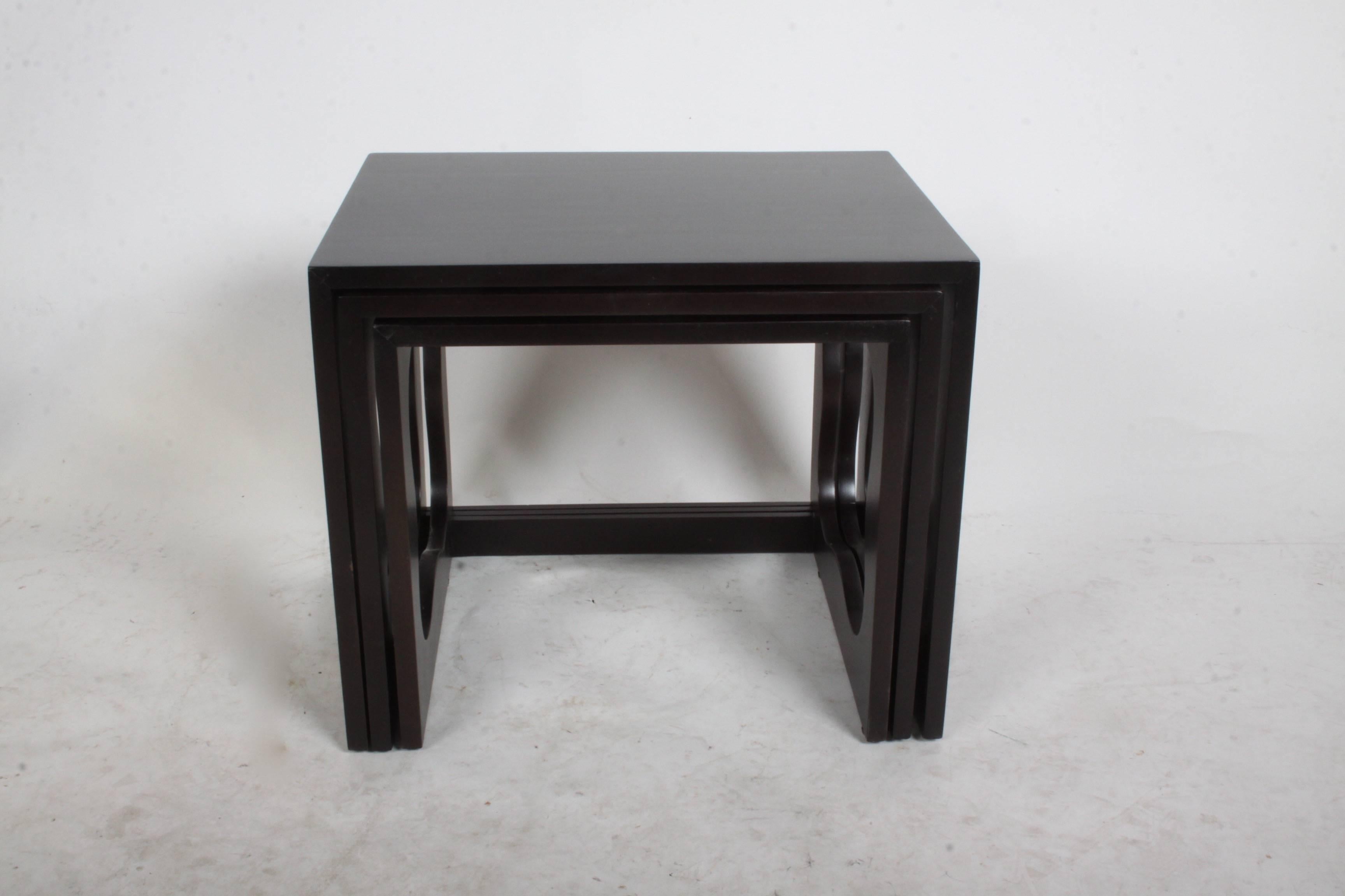 Set of three nesting tables by Dorothy Draper. Refinished in a dark espresso finish. 

Measures: Large: 18
