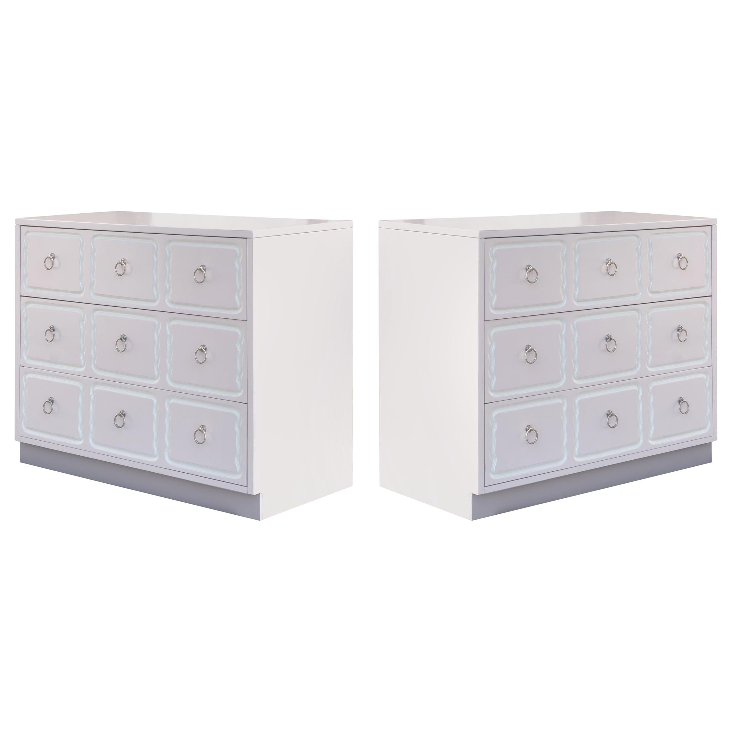 Dorothy Draper Style 3-Drawer Dressers in Soft Pink with Nickel Pulls, Pair
