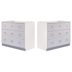 Dorothy Draper Style 3-Drawer Dressers in Soft Pink with Nickel Pulls, Pair