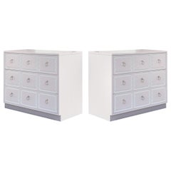 Dorothy Draper Style 3-Drawer Dressers in Soft Pink with Nickel Pulls, Pair