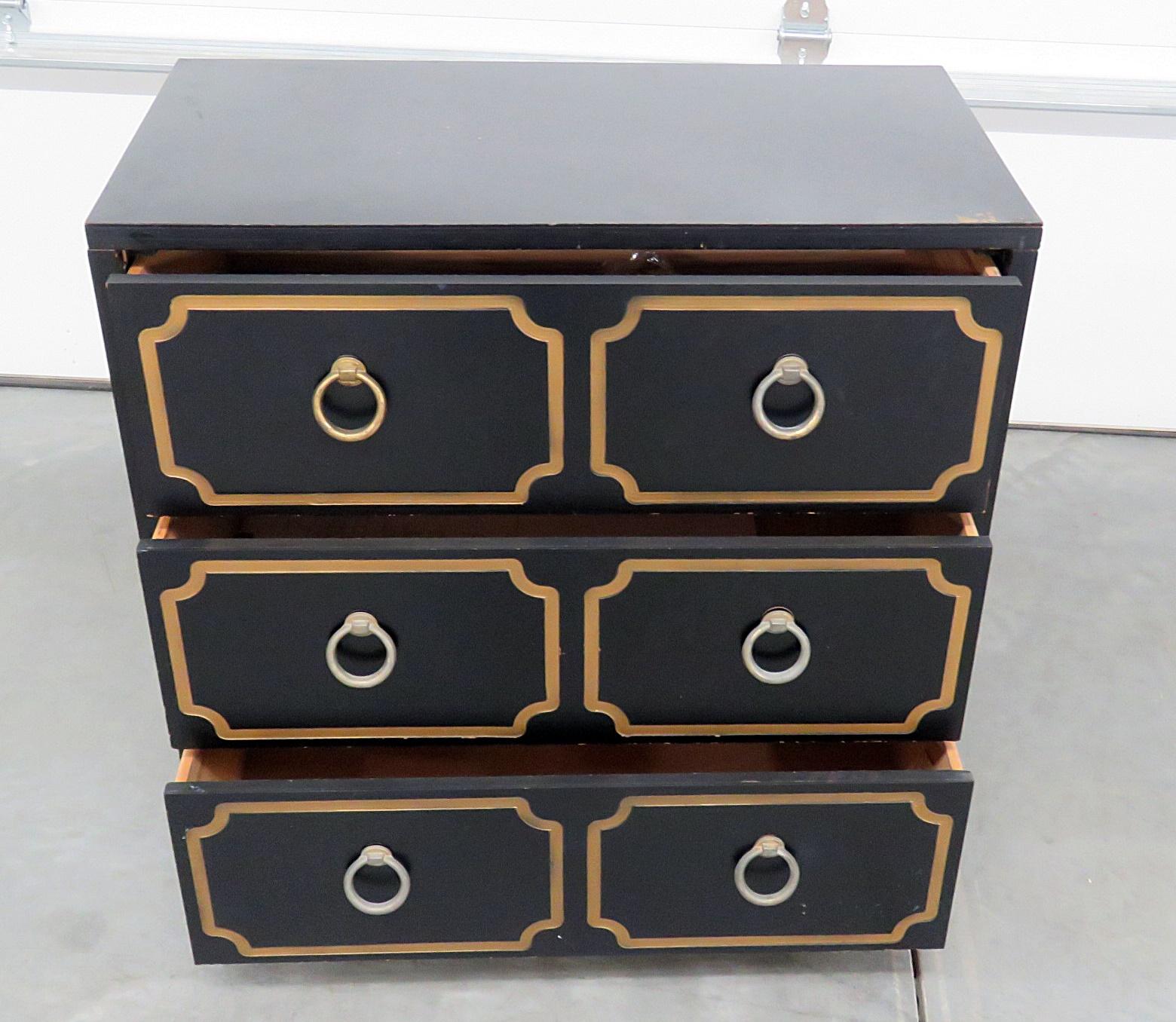 Dorothy Draper style 3-drawer ebonized chest.