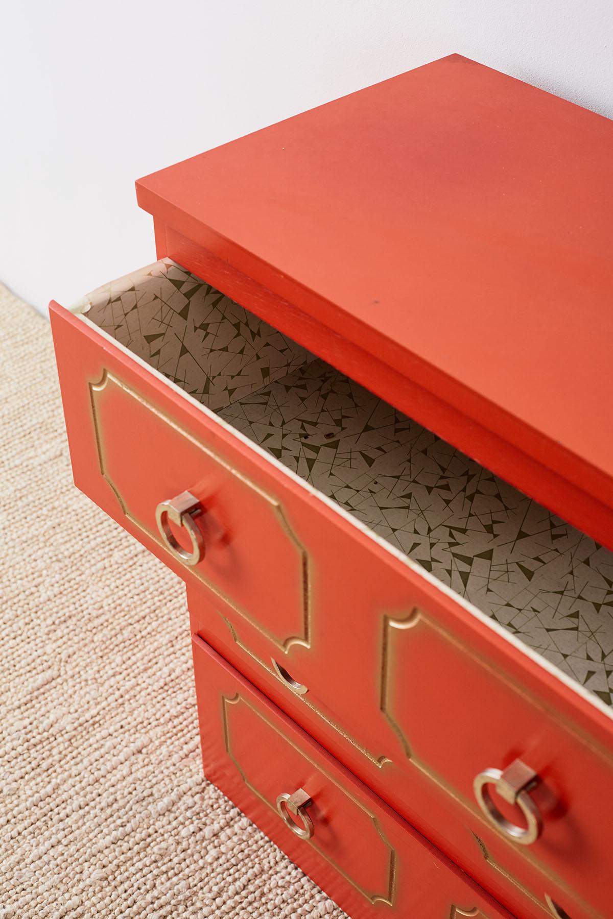 Dorothy Draper Style Coral Red Commode or Chest 2