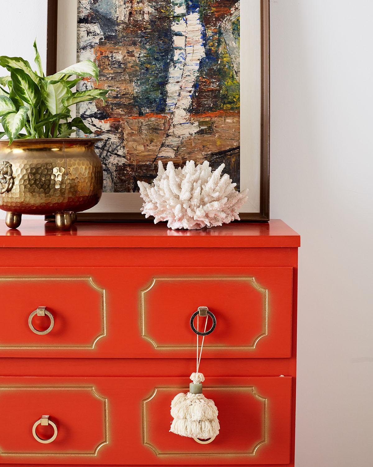 Dorothy Draper Style Coral Red Commode or Chest 7